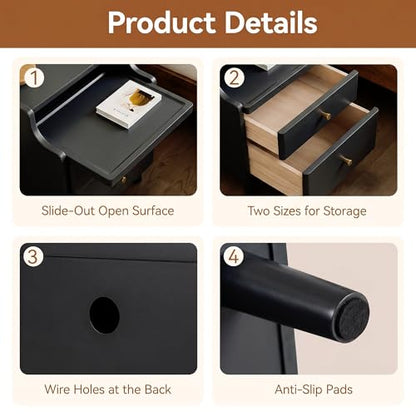 Nightstand Set of 2, Pre-Assembled, 19.7“H Solid Wood Night Stand with 2 Drawers, Open Sliding Shelf, Mid Century Modern Small Bedside Table for Bedroom, Black 16" - color: Black-2pack, size: 16"
