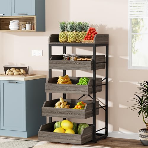 Tribesigns Wood Fruit and Vegetable Storage Rack, 5-Tier Pull-Out Snack Stand Fruit Basket Stand, Utility Shelf Organizer for Kitchen, Living Room, Bedroom, Gray - color: Grey, size: 1