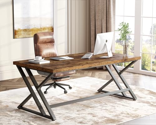 LVB Rustic Wood Computer Desk, Metal Home Executive Office Desk, Industrial Large Gaming Writing Desk, Wooden Student Study Computer Table for Bedroom Living Room, Rustic Brown, 60 Inch - color: Rustic Brown, size: 60 inch