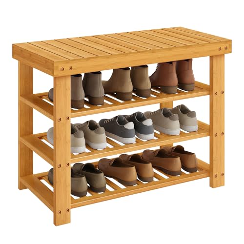 SONGMICS Shoe Rack Bench, 4 Tier Bamboo Shoe Storage Organizer, Entryway Bench, for Living Room, Bathroom, Bedroom, 11.3 x 27.6 x 20.5 Inches, Light Bamboo ULBS370YL01 - color: Light Bamboo, size: 11.3"D x 27.6"W x 20.5"H, style: Without Cushion