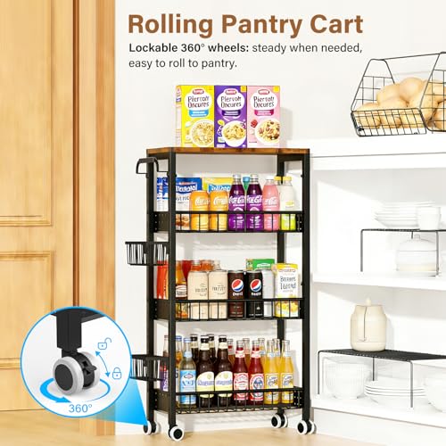 7.8 Inch Ultra-Slim 4-Tier Rolling Storage Cart with Adjustable Shelves - Lockable Wheels & Wooden Top for Narrow Spaces Between Washer/Dryer, Bathroom, Kitchen Organization (Black) - color: Black