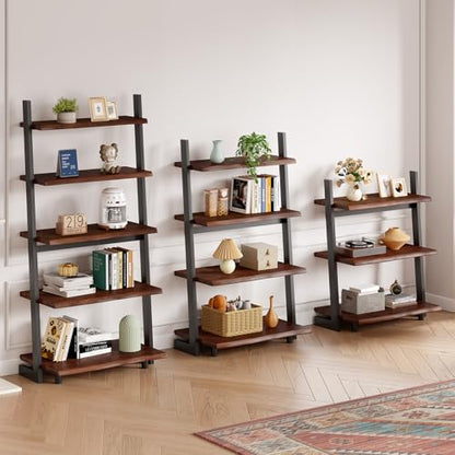 IBF 3-Tier Solid Wood Ladder Bookshelf with Natural Live Edge | Rustic Walnut Storage & Display Leaning Bookcase, Modern Space-Saving Shelf for Living Room, Bedroom, Home Office - size: 3 Tier