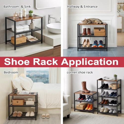 3-Tier Wooden Shoe Rack with Metal Mesh Shelves, Small Shoe Organizer for Front Door Entryway, Closet, Hallway & Bedroom, Narrow Shoe Shelf, Holds 6 Pairs, Ideal for Shoe Storage or Display - size: 17"D x 10.24"W x 15.75"H