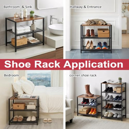 3-Tier Wooden Shoe Rack with Metal Mesh Shelves, Small Shoe Organizer for Front Door Entryway, Closet, Hallway & Bedroom, Narrow Shoe Shelf, Holds 6 Pairs, Ideal for Shoe Storage or Display - size: 17"D x 10.24"W x 15.75"H