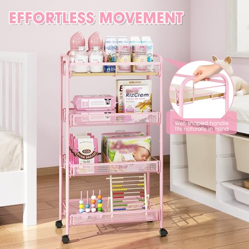 TOOLF 4-Tier Rolling Cart, Metal Utility Cart, Slide Out Storage Cart with Wooden Tabletop and Mesh Baskets, Easy Assemble Trolley for Kitchen Bathroom Laundry Room Bedroom Apartments Dormitory - size: Wide, style: Pink
