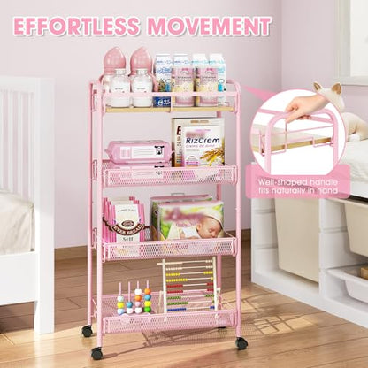 TOOLF 4-Tier Rolling Cart, Metal Utility Cart, Slide Out Storage Cart with Wooden Tabletop and Mesh Baskets, Easy Assemble Trolley for Kitchen Bathroom Laundry Room Bedroom Apartments Dormitory - size: Wide, style: Pink