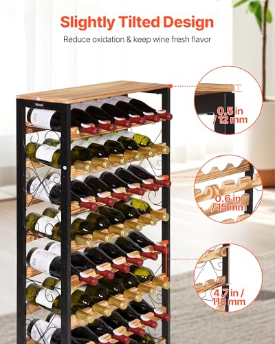 VEVOR 48 Bottle Wine Rack,8-Tier Iron Wine Bottle Holder with Wood Table Top,Freestanding Floor Display Wine Storage Shelves,for Kitchen Pantry, Cellar, Bar, Dining Room,26''L X 9.3''W X 46.9''H - size: 48 Bottles