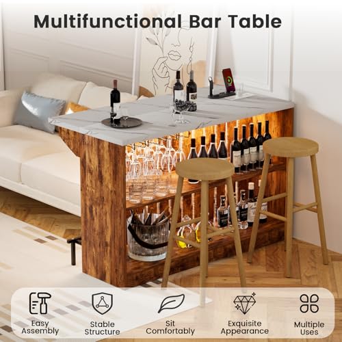 Home Bar Unit with LED Lights and Charging Station, Imitation Marble Mini Coffee Bar Pub Table with 2-Tier Storage, Footrest, Drop Leaf Kitchen Islands for Dining Room, Bistro, Living Room