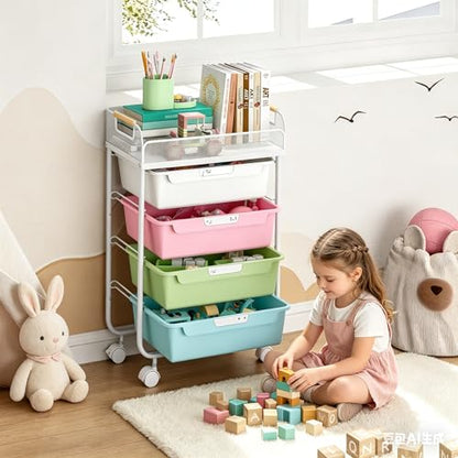 SYKIARIOL 4-Drawer Rolling Storage Cart with Mesh Top, Utility Craft Organizer Cart on Wheels with DIY Labels, Rolling Drawer Cart for Home Office Classroom Bedroom, Colourful - color: Rainbow