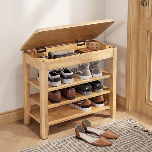 IUNVR Shoe Rack Bench Seat Rubberwood 3-Tier Wooden Storage Bench 550lbs Compact Mid-Century Modern Design for Entryway, Hallway, Closet, Front Door Entrance, Foyer - color: Natural-3 Tier(wood), size: 23.6"W x 11.8"D x 20.5"H