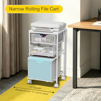 BOHDK Rolling File Cart with 3 Storage Drawers, Wood & Mesh Hanging File Folder Organizer with Wheels Under Desk, File Cabinets for Home Office, 11.81" D x 14.8" W x 25.39" H, White - color: White