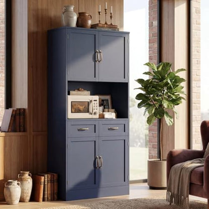 HOSTACK 71" Tall Kitchen Pantry Storage Cabinet, Wood Kitchen Hutch, Blue | Modern Pantry Cabinet with Microwave Stand, Hutch Cabinet with Countertop & Drawers, Storage Cabinet for Living Room - color: Blue + Bronze Handles