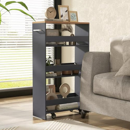4-Tier Rolling Storage Cart, 8 Inches Slim Kitchen Cart on Wheels with Open Shelves & Handle, Laundry Room Cart Between Washer and Dryer, for Narrow Space Bathroom Next to Fridge (Grey & Natural) - color: Grey & Natural