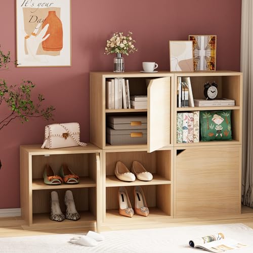 Cube Storage Organizer Shelf, 2 Tiers Stackable Bookshelf, Wooden Display Bookcase with 2 Cube Storage, Small Storage Cabinet for Living Room Bedroom, Natural