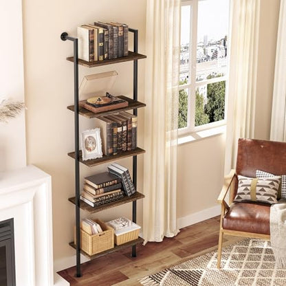 Acovy 5-Tier Bookshelf Solid Wood Ladder Shelf, Narrow Book Shelf Display Shelf, Wooden Bookcase, Wall Mount Ladder Shelf, Storage Rack for Living Room, Bedroom, Industrial Style, Dark Brown - color: Dark Brown