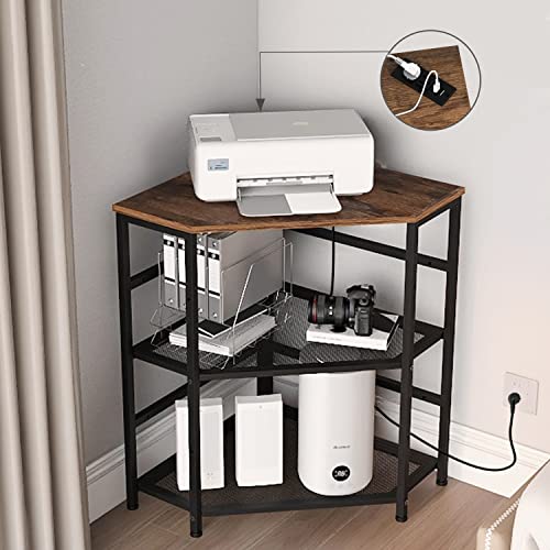 VEDECASA Corner Printer Stand Table with Power Outlet Charging Plugs USB Port Adjustable Storage Shelf Computer Tower CPU Stand Holder for Home Office (Brown) - color: Brown