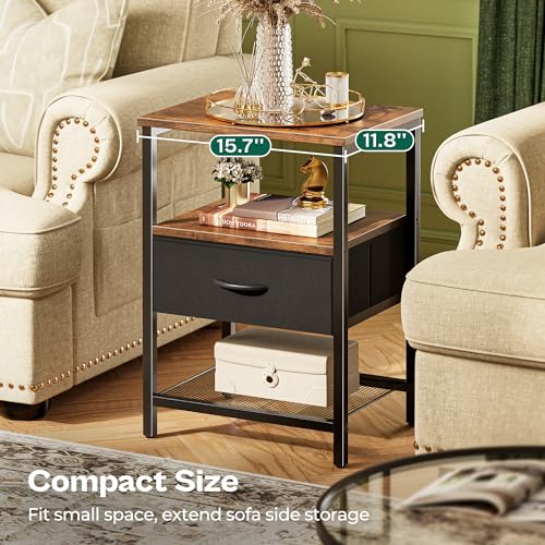 Huuger Nightstand Set of 2, Night Stand with Fabric Drawer, Mesh Shelf, Side Table with Storage, Fabric Drawer Dresser, Open Shelf, Metal Frame, Bedroom, Rustic Brown and Black - color: Rustic Brown and Black