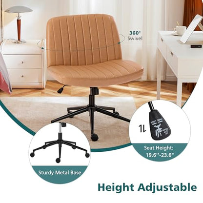 OLIXIS Criss Cross Chair with Wheels, Vanity Chair, Home Office Desk | Wide Seat Armless, Faux Leather, Height Adjustable Swivel Rolling, Home Computer Task Seating for Bedroom Study, Brown PU - color: Brown Pu