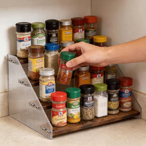 Tiered Spice Rack Organizer for Countertop & Cabinet, 4-Tier 12in Kitchen Seasoning Storage Shelf, Space Saving Standing Spice Organizer, Wooden & Acrylic, Rustic Brown - color: Rustic Brown, size: 4-Tier 12in