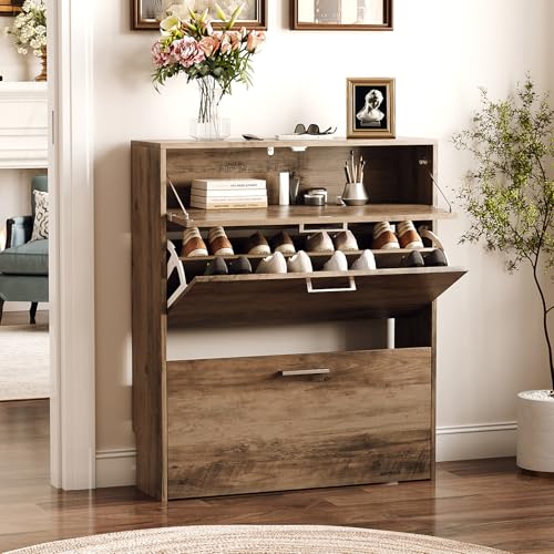 VINGLI Grey Shoe Cabinet for Entryway, Slim Shoe Rack Storage with 3 Flip Drawers, Rustic Washed Grey Wood Finish, Narrow Hidden Shoe Organizer for Hallway, 9.5" Depth, Greige - color: Washed Grey-ⅰ, size: 31.5"W