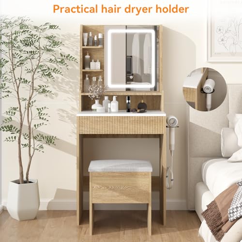 YOURLITE 24" Fluted Makeup Vanity Desk with LED Mirror and Stool | Small Vanity Table Set, 3 Lighting Modes, Charging Station, Hairdryer Holder, Cushioned Stool - size: 27.5", style: Wooden