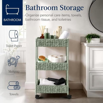 Best Choice Products 3-Tier Water Hyacinth Rolling Nursery Caddy w/Wheels, Utility Cart, Storage Organization for Bathroom, Craft Room, Laundry Room - Sage - color: Sage