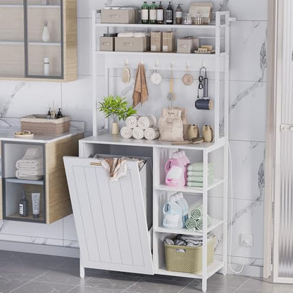Kitchen Bakers Rack with Storage Shelf - 6-Tier Microwave Stand Oven Cabinet W/Tilting Trash Can Bin and Power Outlet, Farmhouse Thickened Coffee Bar Table Station W/6 Hooks&Adjustable feet - color: White