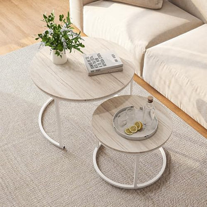 HOJINLINERO Round Coffee Table,Nesting Coffee Table Set of 2,Center Tables for Living Room,Office, Home Small Space,Stacking Side Tables,Sturdy and Easy Assembly,Wood Desktop,Oak+White,Large - color: Wh-oak, size: Large