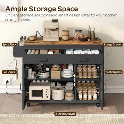 YATINEY Extendable Kitchen Island, Large Mobile Kitchen Storage Island, Rolling Kitchen Cart with Outlets, Island Table for Kitchen, Rustic Brown ZD03UBR - color: Rustic Brown + Black