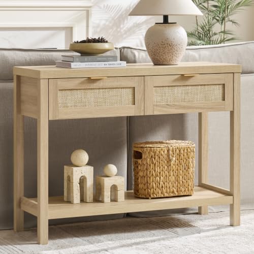 SICOTAS Rattan Console Table with Drawers, Boho Entryway Table Sofa Table | Entry Table With Storage Drawers, Hallway Table for Entryway, Sofa Table Behind Couch, Console Table for Living Room, Hallway - color: Reclaimed Light Oak, size: 1 Piece