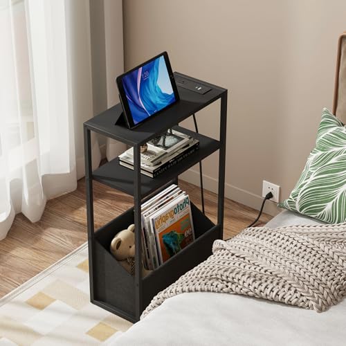 TUTOTAK Keep Phones Charged & Books Organized with Slim 3-Tier Side Table with Charging Station for Living Room Bedroom TB01BK095 - color: Black