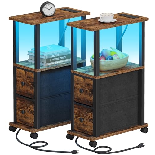 TUTOTAK Small Narrow End Tables, LED Side Tables with 2 Fabric Drawers, Set of 2, Bedside Tables with Charging Station for Small Spaces, Slim Nightstands with USB Ports and Wheels, TB01BB053CL - color: Brown and Black, style: with LED Light & Outlets