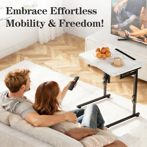 Adjustable Height Tv Tray Table,Portable Folding Tv Dinner Snack Table,Small Foldable C-Shaped End Table for Eating,Slide Under Couch Side with Sturdy MDF Top,No Assembly(White Marble+Black) - color: White Marble+black