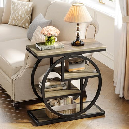 Tribesigns End Table for Living Room, 4-Tier Narrow Side Table with Storage Shelves, Industrial Bedside Table for Bedroom, Wood Small Sofa Side Table with Geometric Metal Frame (1 PC, Grey) - color: Grey