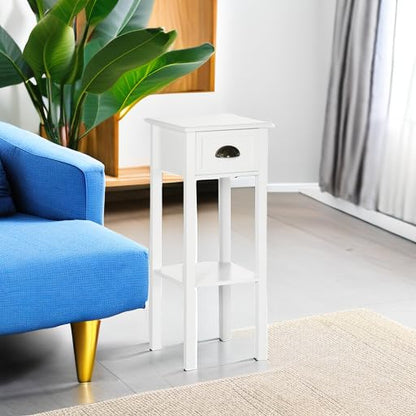 HOMCOM Narrow End Table with Drawer Slim Side Table for Small Spaces White | Tall Telephone Table, Skinny Modern Design, for Small Spaces, Living Room - color: White
