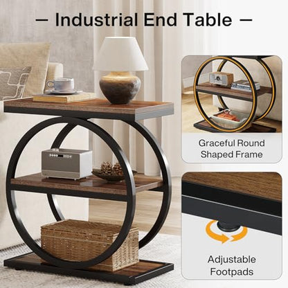 Tribesigns End Table, Narrow End Table with 3 Storage Shelves, Wood Side Table with Black Metal Frames, Industrial Small Sofa Side Table for Living Room, Slim Nightstand and Bedside Table for Bedroom - color: Brown