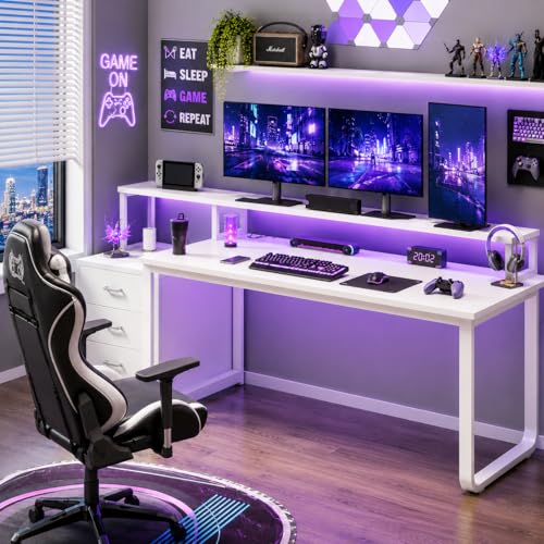 HOMBCK White Computer Desk with 3 Drawers and LED Lights, 67" Home Office Desk with Long Monitor Stand and Printer Shelfe, Writing Desk with Storage, Reversible Design，White - color: White