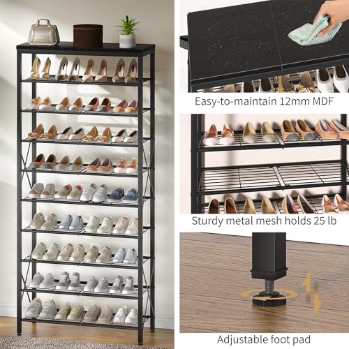 10-Tier Shoe Rack Organizer, Large Shoe Shelf with Metal Shelves, X Frames, Adjustable Shelves, Holds 40 Pairs, Black - color: Black, size: 27.8"L x 10.8"W x 65.7"H