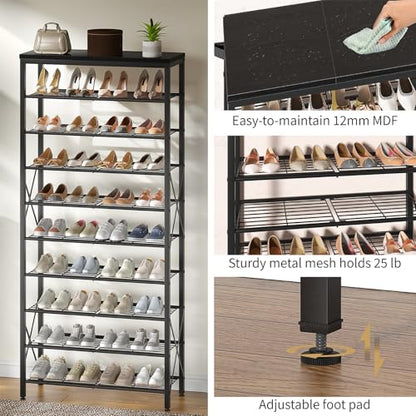 10-Tier Shoe Rack Organizer, Large Shoe Shelf with Metal Shelves, X Frames, Adjustable Shelves, Holds 40 Pairs, Black - color: Black, size: 27.8"L x 10.8"W x 65.7"H