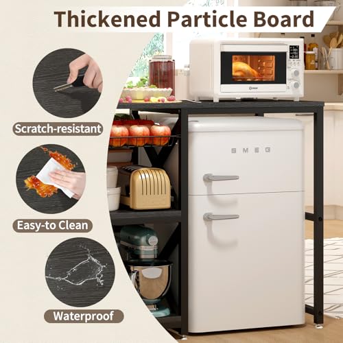 METYERRY Kitchen Bakers Rack with Power Outlet,Mini Fridge Cabinet with Mesh Basket, Mini Fridge and Microwave Table with Storage for Office,Kitchen,Living Room,Coffee Bar,Patio, Black - color: Black