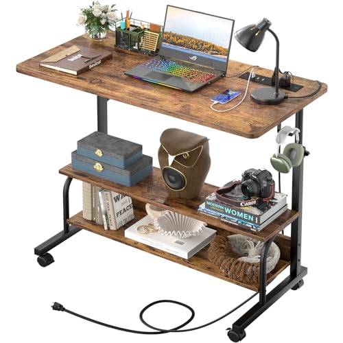 Besiost 32" Height Adjustable Standing Desk with Power Outlets - Manual Rolling Stand Up Desk with Wheels Small Portable Computer Desk Mobile Laptop Table with Storage Shelves for Home Office, Rustic - color: Rustic, size: 32''