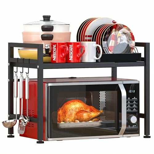 PUSDON Textured Black Microwave Oven Rack, Expandable 2-Tier Kitchen Countertop Organizer, Heavy Duty Carbon Steel Stand with 3 Hooks, Adjustable Height & Length - color: Textured Black, size: H-frame 2 tier