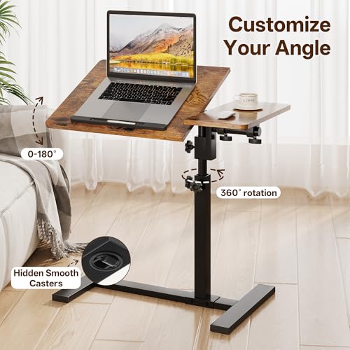 Overbed Table with Wheels Rolling, Adjustable Mobile Bedside Desk | Flip-Top, Laptop Table, C Shaped End Side Table for Couch, Sofa, Bed, Recliner and Home Use, Large Brown - color: Large Brown