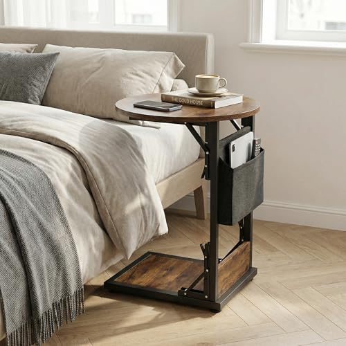 Foldable C Shaped End Table, 15.7" Couch Side Table with Storage Pocket, Slides Under Sofa