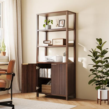 VINGLI Bookcase with Fluted Doors, 71" Wood Storage Cabinet with Adjustable Shelves, 6-Tier Display Cabinet Bookshelf for Study, Living Room, Home Office, Kitchen Pantry, Walnut - color: Dark Walnut