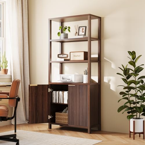 VINGLI Bookcase with Fluted Doors, 71" Wood Storage Cabinet with Adjustable Shelves, 6-Tier Display Cabinet Bookshelf for Study, Living Room, Home Office, Kitchen Pantry, Walnut - color: Dark Walnut