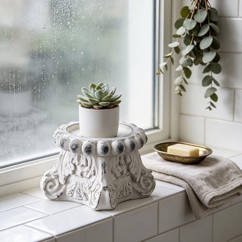 SOFE Small Shabby Chic Resin Plant Stand, 6” H Pillar Candle Pedestal, Elegant Flower Pot Base Riser for Outdoor Garden & Indoor Patio Décor, Distressed White - color: White