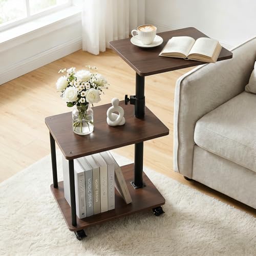 Modern Farmhouse Rolling Side Table with Wheel for Living Room, Adjustable Height Swivel End Table for Different Seating Types, Ideal for Couch, Sofa, Recliner and Living Room, Walnut-Look - color: Walnut