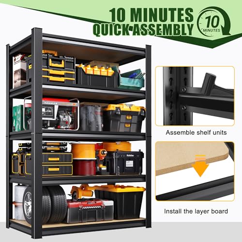 71.2" H Garage Shelving 5T Storage Shelves, Metal Adjustable Shelving Unit, Utility Garage Organizer Shelf for Basement, Pantry, Kitchen, Warehouse, 46" Wx18 Dx71.2 H, Black - size: 5-Wood-17.7"Dx45.6"Wx71.2"H
