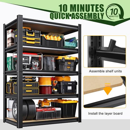 71.2" H Garage Shelving 5T Storage Shelves, Metal Adjustable Shelving Unit, Utility Garage Organizer Shelf for Basement, Pantry, Kitchen, Warehouse, 46" Wx18 Dx71.2 H, Black - size: 5-Wood-17.7"Dx45.6"Wx71.2"H